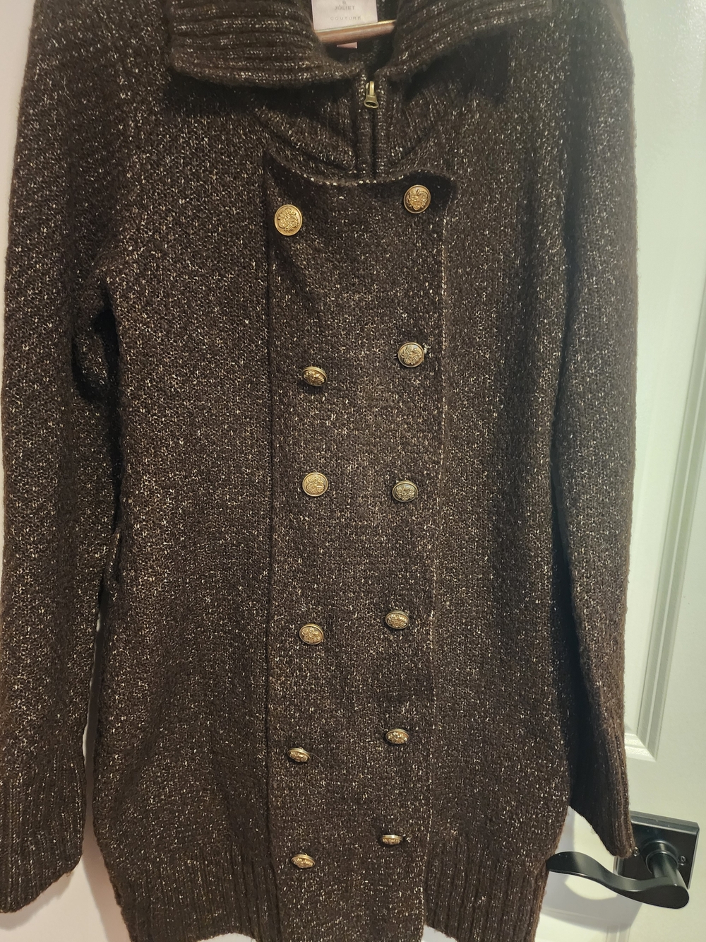 Romeo & Juliet Couture Burgundy Double-Breasted Knit Cardigan with Gold Buttons
